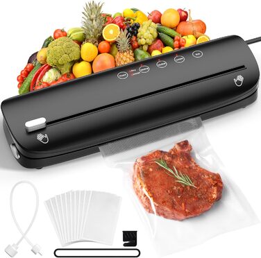 Вакуумний апарат 5 в 1: багатофункціональний вакууматор з вбудованим різаком, вакуумний пакувальник sous vide з 10 пакетами та шлангом, фольгозваріння для продуктів харчування