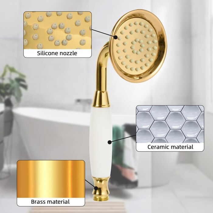 Delnet Classic High-Pressure Showerhead, Chrome, Traditional Telephone Style, Handheld Showerhead and 1.5m Hose (Vintage, Gold)