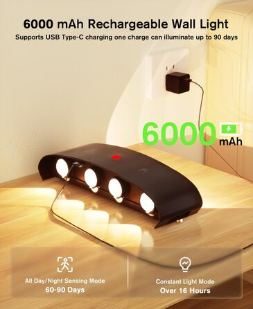 LED-стінні світильники на батарейках YrgePowk з датчиком руху, 6000mAh, 3 кольори, USB-зарядка, 2 шт. (білий/чорний)