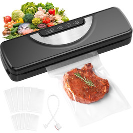 Вакуумний пакувальник 5 в 1 з вбудованим різаком, вакуумний пакувальник Sous Vide, вакуумний пакувальник з фольгошвальною машиною, включаючи 10 вакуумних пакетів та шланг, вакуумний запаювач для продуктів харчування, чорний
