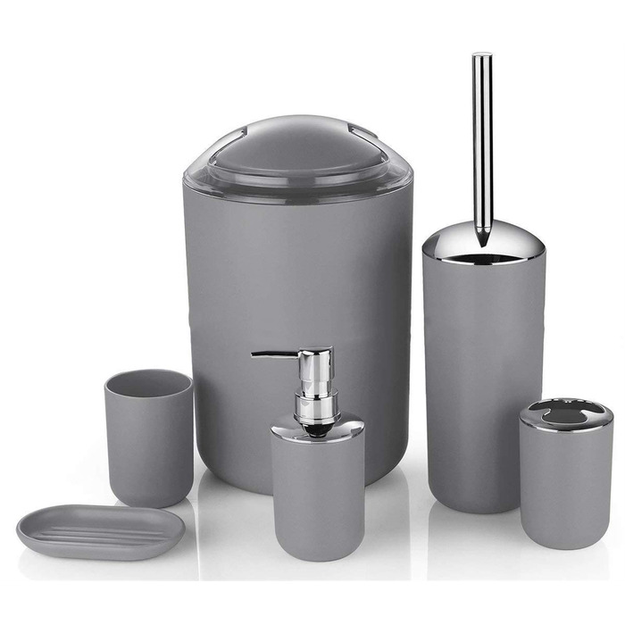 Набір аксесуарів для ванної кімнати Icegrey Modern Design 6 предметів: дозатор для мила, підставка для зубних щіток, стакан для зубних щіток, мильниця, йоржик для унітазу, смітник, сірий колір