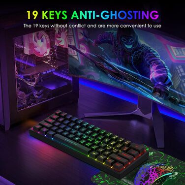 Kabellos Gaming Tastatur und Maus Combo Set: Бездротова ігрова клавіатура та миша, 2.4 GHz, 3800 mAh, тиха, 61 клавіша, компактна, Rainbow LED підсвічування, 2400 DPI, 6 кнопок, чорний