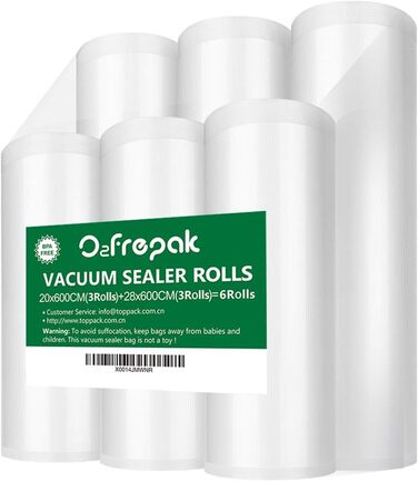 O2frepak 6 Roll of Foil (3) 20x600cm and (3) 28x600cm Vacuum Sealer Rolls for Food, BPA-Free Vacuum Bags Sous Vide Bags Foil for Vacuum Sealers and Heat Sealers Suitable (total: 3600cm)