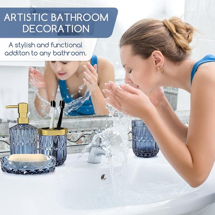 Набір для ванної кімнати скляний 5 предметів Lotionspender синій - розкішний органайзер для ванної (мильниця, стаканчик, тримач для зубних щіток)