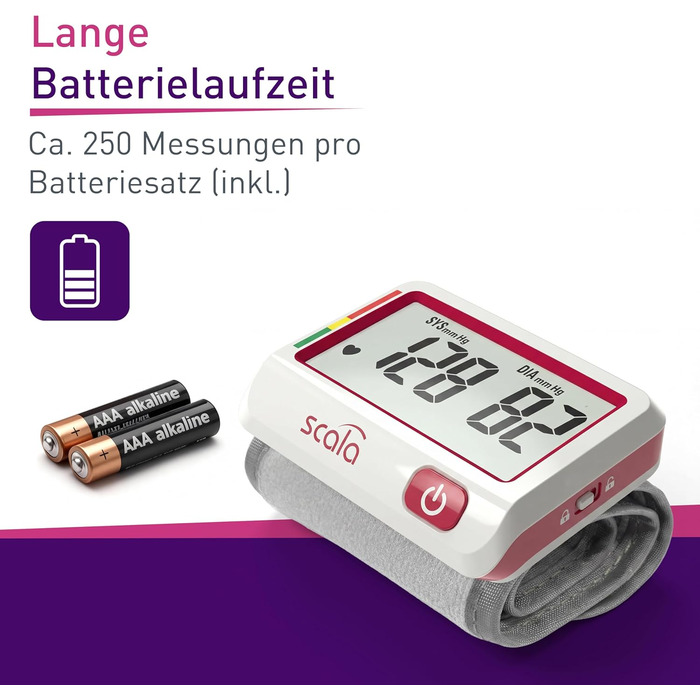 Тонометр на зап'ястя Scala SC 6027 A (червоний) – точний вимірювач артеріального тиску з індикатором ВООЗ, 85 місць пам'яті, Fuzzy Logic, з батарейками та коробкою, розмір манжети 13,5-19,5 см