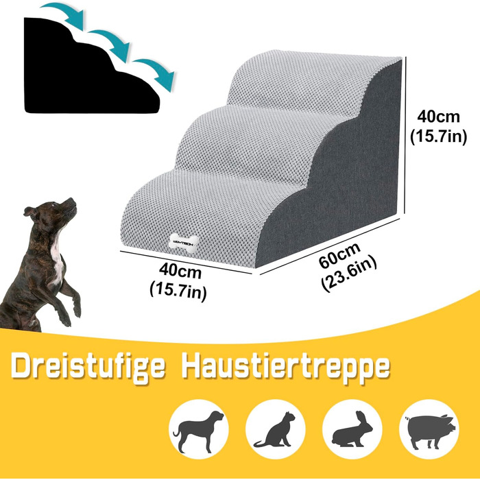 WGYTECH 4-Step Dog Stairs, Pet Ramp for Sofa and Bed, High-Density Sponge Dog Stairs, Washable Cover & Non-Slip Bottom, Dog Ramp for Dogs and Cats, L72xW40xH50cm (3-Step Grey 40cm High)