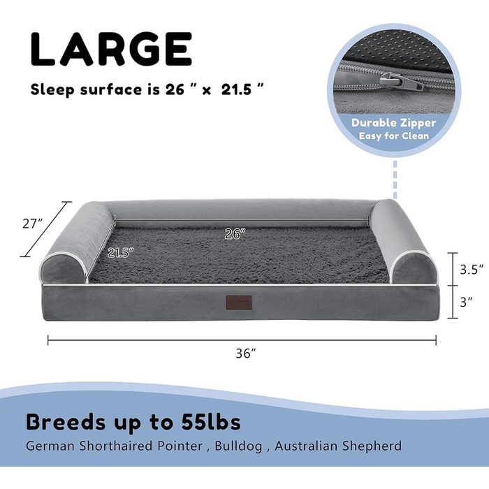 WESTERN HOME Dog Bed Dog Basket Large Dogs Orthopedic Dog Bed Dog Sofa Waterproof 106x76x10cm Dog Beds with Washable Cover Dog Basket Large Dogs, (L 91 x W 68 x H 17 cm, Dark Grey)