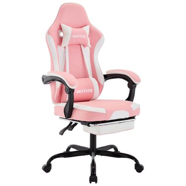 Ігрове крісло Gaming Chair з підніжкою та ергономічною підтримкою попереку, регульована спинка 90-135°, офісне крісло для геймерів, рожево-біле