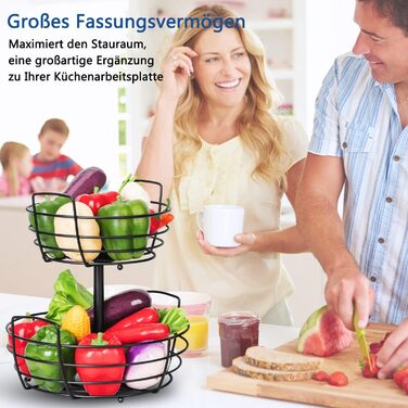 Металева підставка для фруктів та овочів на 2 яруси з гачком для бананів - чорна