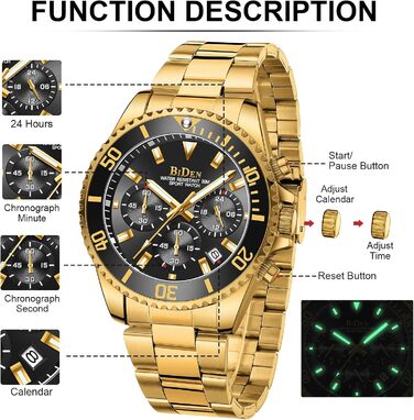 Годинник чоловічий Biden BIDEN-0163, аналоговий, кварцовий, з браслетом з нержавіючої сталі (Золотий, Чорний)