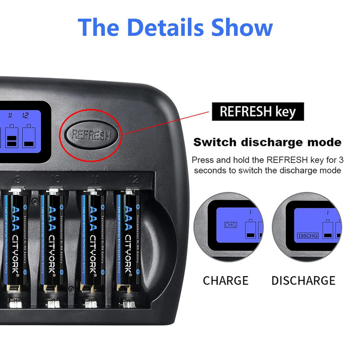 Зарядний пристрій CITYORK 12 Bay LCD з інтелектуальним захистом IC для AA/AAA NI-MH/NI-аккумуляторів, з адаптером та комплектом AA-аккумуляторів