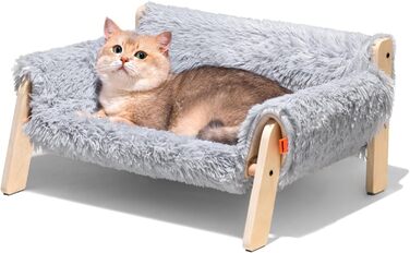 MEWOOFUN Elevated Cat Bed Sofa made of Wood, Sturdy Large Cat Sofa – Fashionable Cat Stool with Removable Mattress Cover, Holds up to 10 kg (56x45cm, Grey)