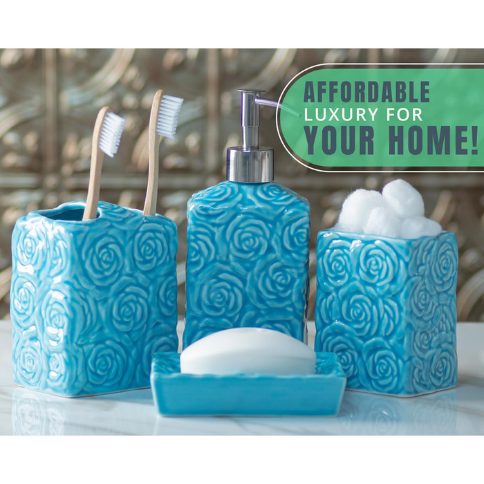 Designer 4-Piece Bathroom Accessory Set - Ceramic Bathroom Set with Liquid Soap or Lotion Dispenser, Toothbrush Holder, Cup, and Soap Dish - Decorative Set with Embossed Details - Vanity Accessory