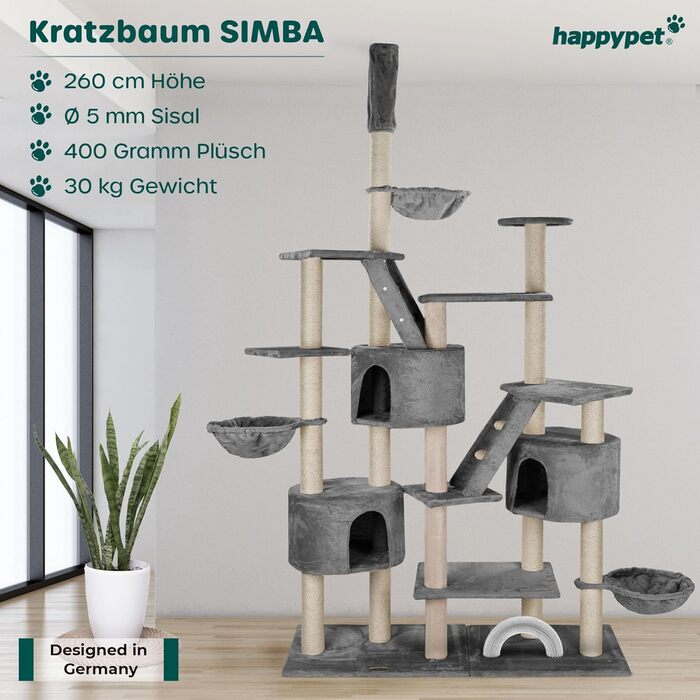 Кігтеточка Simba XXL 260 см - великий комплекс для котів, сіра, з печерами та лежанками