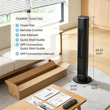 Вентилятор вежовий FLANUR WiFi Alexa 108 см, тихий (25 дБ), з пультом, 4 режими, 90° осциляція, таймер 12 год, чорний