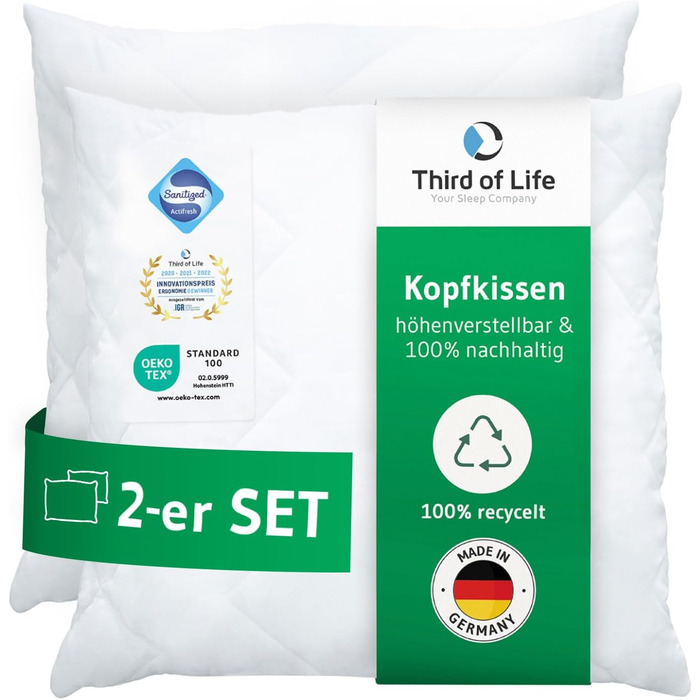 Pillowcases 80x80 VERDA 2-Pack, 100% Sustainable, Orthopedic 80 x 80 cm Bed Pillows, Pillow made from Recycled Material, Adjustable Height for Back Sleepers, Side Sleepers, Pillow for Allergy Sufferers 80x80 cm - Double Pack