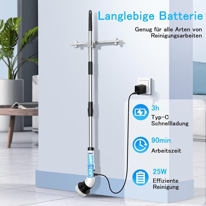 Електрична щітка для прибирання 9 в 1, 34-130 см, 2 режими, для ванної, кухні, плитки та авто, біла