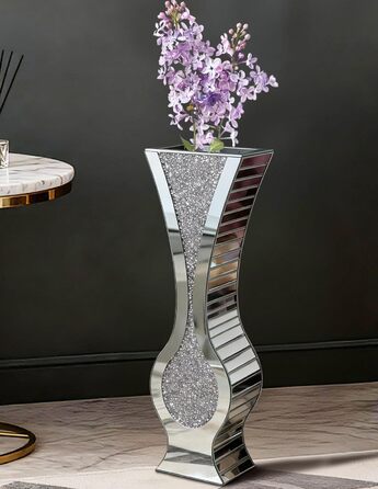 Ваза для квітів велика 68 см, підлогова ваза: срібна ваза з кристалами для пампас трави, скляна ваза з дзеркальним покриттям, декоративна ваза з блискітками для вітальні, декор інтер'єру – не для води (21.5L x 13B x 68.5H cm)