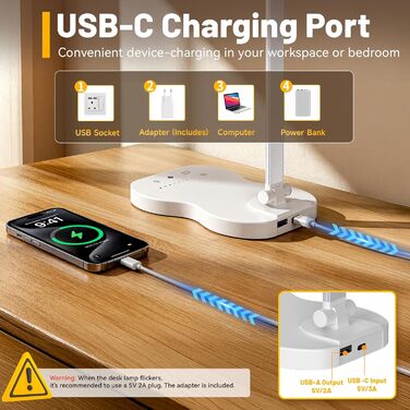 Стійка лампа для робочого столу з двома регульованими головками, 5 режимів кольору, 10 рівнів яскравості, сенсорне керування, таймер 45 хв, диммування, для дому, офісу, читання, навчання - біла