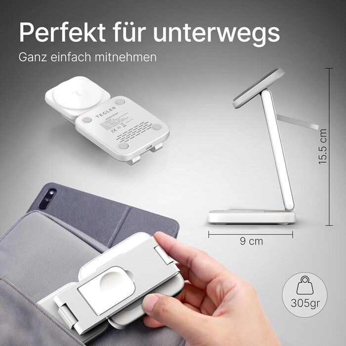 TEGLER 3-в-1 MagSafe зарядний пристрій: алюмінієва зарядна станція для iPhone, Apple Watch та AirPods, з адаптером 20W та USB-C кабелем