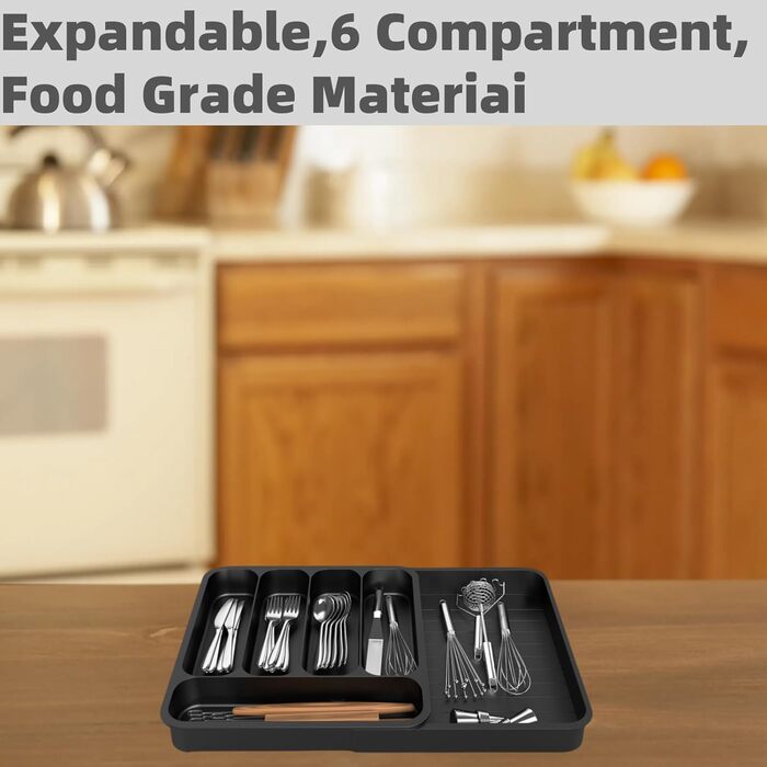 Органайзер для столових приладів висувний, 6 відділень, чорний пластик – регульоване кухонне зберігання для посуду та ножів