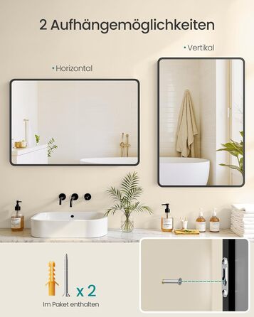 Дзеркало для ванної кімнати SONGMICS, прямокутне, з алюмінієвою рамою, 91 x 61 см, з захисною плівкою, 2 способи кріплення, для ванної, спальні та вітальні, чорний колір