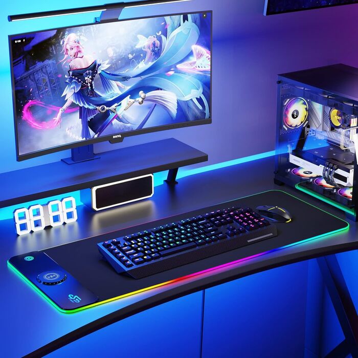 Ігровий килимок для миші RGB з бездротовою зарядкою Qi 15W, 800x350x4мм, 10 режимів підсвічування, швидка зарядка 10W для iPhone 13/13 Pro, водонепроникний та протиковзкий (Dark)