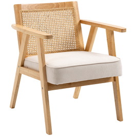 HOMCOM Armchair Living Room Relaxer with Armrests, Seat Cushion, Lounger with Rattan Backrest, Reading Chair with Linen Look, Wooden Frame, Upholstered Armchair for Bedroom in Cream | Aosom