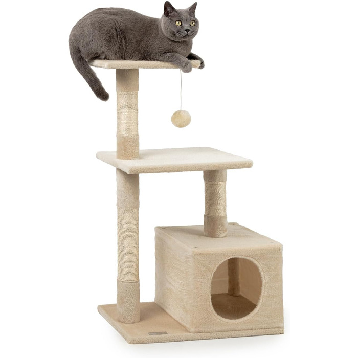Lionto Scratching Post for Cats with Cave and Plush Ball incl. Bell, Height 85 cm, Cat Tree with Sisal & Plush, Cozy Resting Areas & Cave, Suitable for Small & Large Cats, Beige