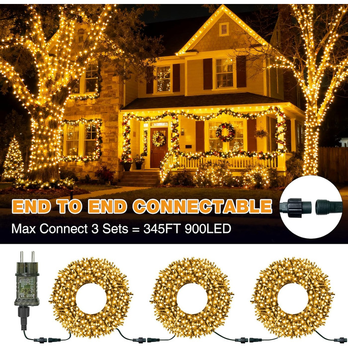 Льо́хка гірлянда BTfarm 20M з 200 LED, зовнішнє живлення, пульт дистанційного керування, таймер, для дому та саду, 8 режимів, IP65, тепле біле світло, чорний кабель 30м