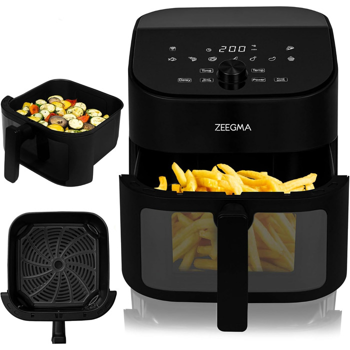 Фритюрниця без олії ZEEGMA KNAPPER, 1700 Вт, 2 відсіки, 9 л, таймер 60 хв, 11 програм, 60-200 °C, сенсорне керування, чорний колір