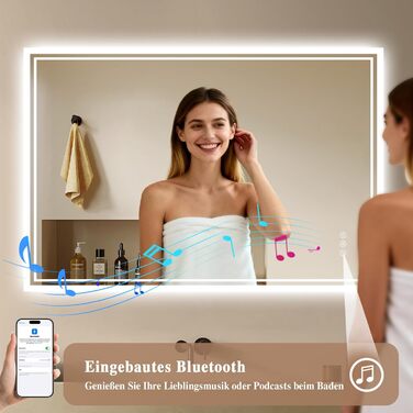 Дзеркало для ванної кімнати з підсвічуванням LED, антизапар, сенсорне керування, регулювання яскравості, 3 кольори світла, овальне, 50x70 см (Bluetooth, антизапар, 80x60 см)