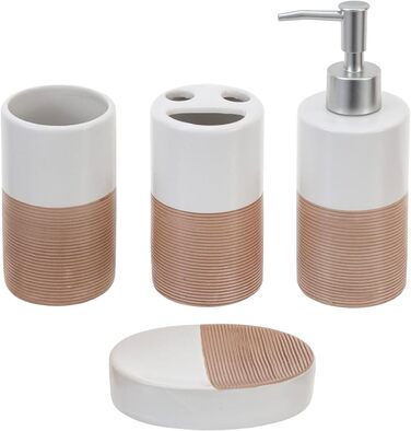 Deluxe 4-Piece Ceramic Bathroom Set with Soap Dispenser, Toothbrush Holder, Cup, and Soap Dish in White and Beige