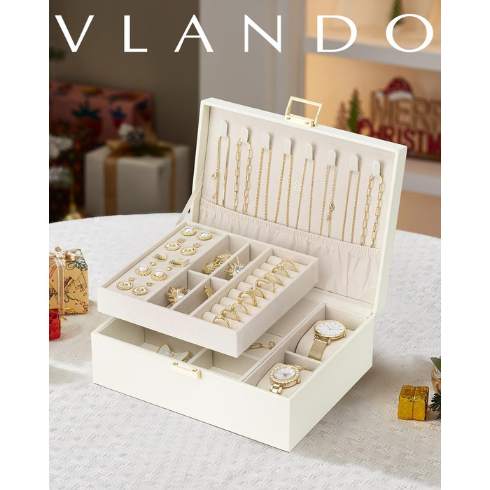 Шкатулка для прикрас Vlando, 2-ярусна, біла, з висувним лотком, органайзер для намиста, браслетів, сережок, подарунок для жінок