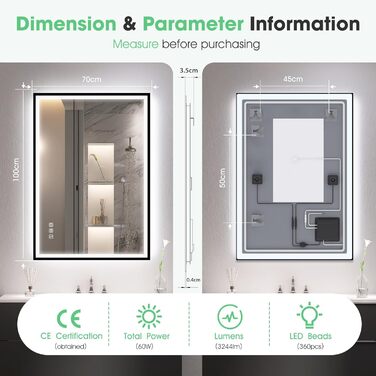 Дзеркало для ванної кімнати S'bagno з підсвічуванням 100x70 см, 5x збільшення, LED, рамка з алюмінію, протитуманне покриття, 3 кольори, диммування, пам'ять, HD скло, IP44, Bluetooth, чорна рамка