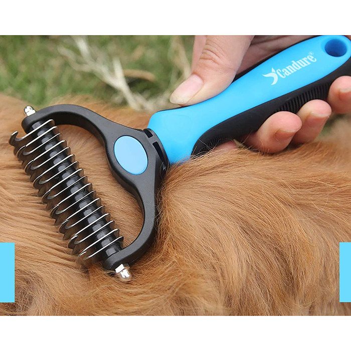 Професійна щітка для собак та котів Candure, довге волосся, догляд за шерстю, гребінець, двосторонні зубчики, 17+9, видаляє ковтуни, шерсть з меблів (Блакитна)
