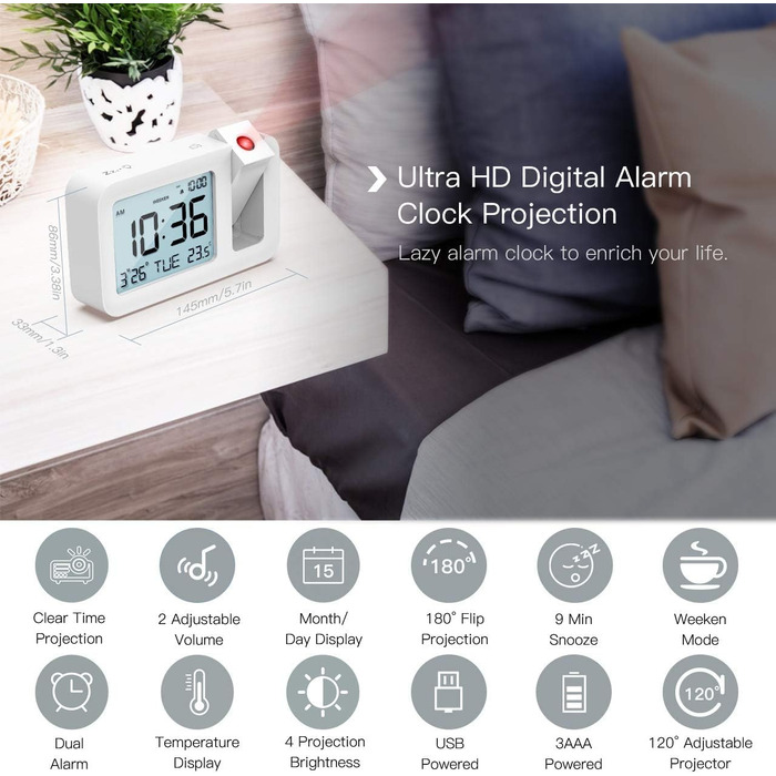 Projection Alarm Clock, TedGem Travel Alarm Clock Digital Clock Table Clock 3.8