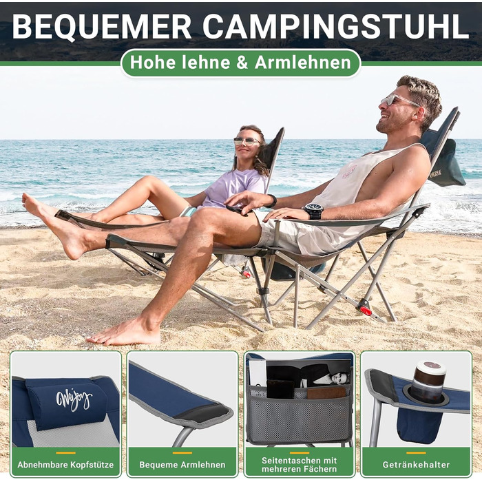 Кемпінговий стілець-шезлонг Wejoy 2-в-1, розкладний, з регульованою спинкою та підставкою для ніг, підсклянником, для відпочинку на пляжі, риболовлі, кемпінгу (Navy/Grey)
