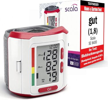 Тонометр на зап'ястя Scala SC 6400 - точний вимірювач артеріального тиску з індикатором ВООЗ, 85 місця пам'яті, Fuzzy Logic, з коробкою та батарейками, манжета 13,5-19,5 см