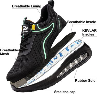 Черевики робочі чоловічі та жіночі S3, легкі, з металевим носком, антиковзаючі, дихаючі, спортивні, чорно-зелені (39 EU)