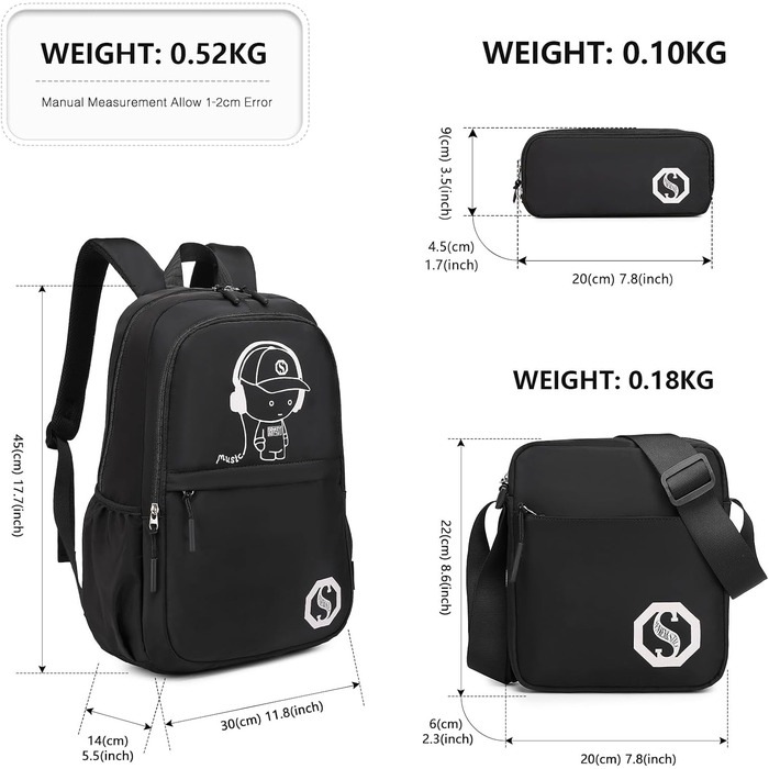 KONO Рюкзак для школи 3-в-1, Набір: рюкзак, сумка через плече, пенал, для ноутбука 15.6