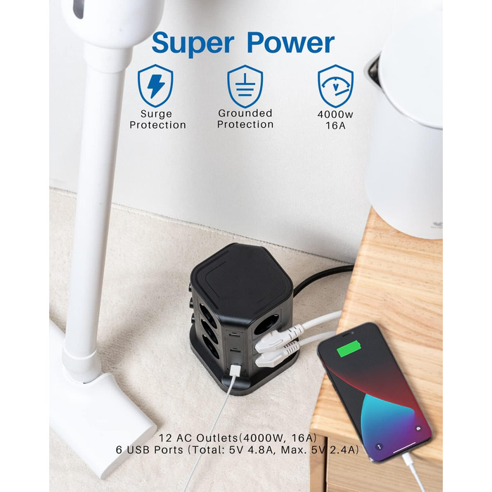 KOOSLA Тур Steckdosenturm 12 Fach з USB (6x) та захистом від перенапруги (4000W/16A) для офісу, кухні, столу, 5м, чорний