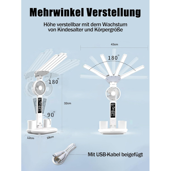 LED-лампа настільна з вентилятором для дітей WLHONG з годинником, тримачем для ручок, календарем та датчиком температури, 3 режими кольору, регульована яскравість, ідеальна для читання