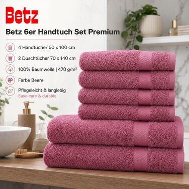 Набір рушників Betz Premium 6 предметів, 100% бавовна, колір Ягіда (4 рушники 50x100 см, 2 банні рушники 70x140 см) для ванної та гостей