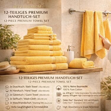 Набір рушників Betz Premium 12 предметів, 100% бавовна, Oeko-TEX, м'які та гігроскопічні (колір: медово-жовтий)