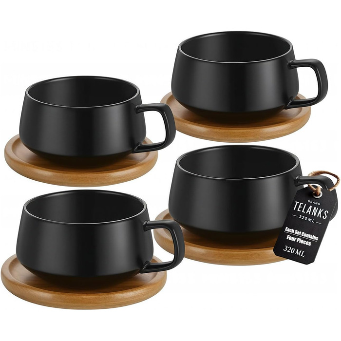 Набір кавових чашок капучіно з блюдцями, 320 мл, кераміка, для капучіно, лате, американо та чаю, білий (чорний, 4)