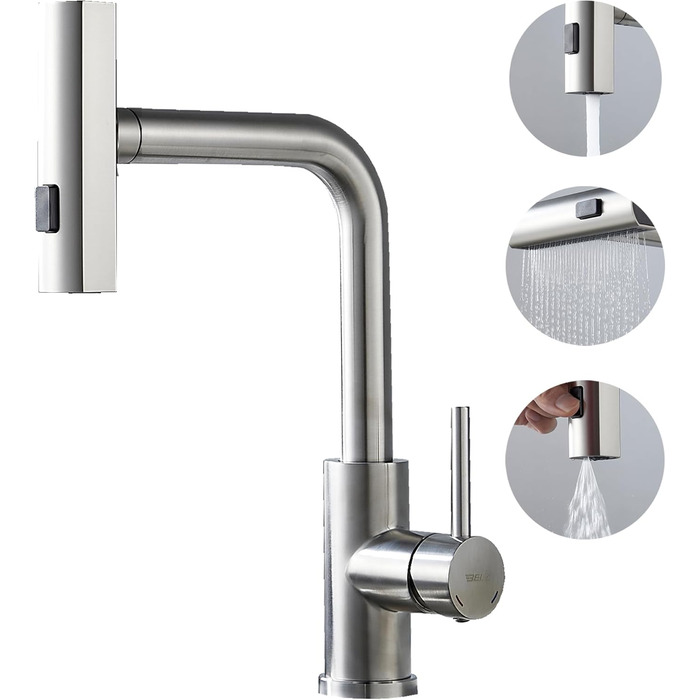 Змішувач для кухні BELZ з висувною лійкою, 3 режими, поворотний на 360°, нержавіюча сталь SUS304, матовий нікель