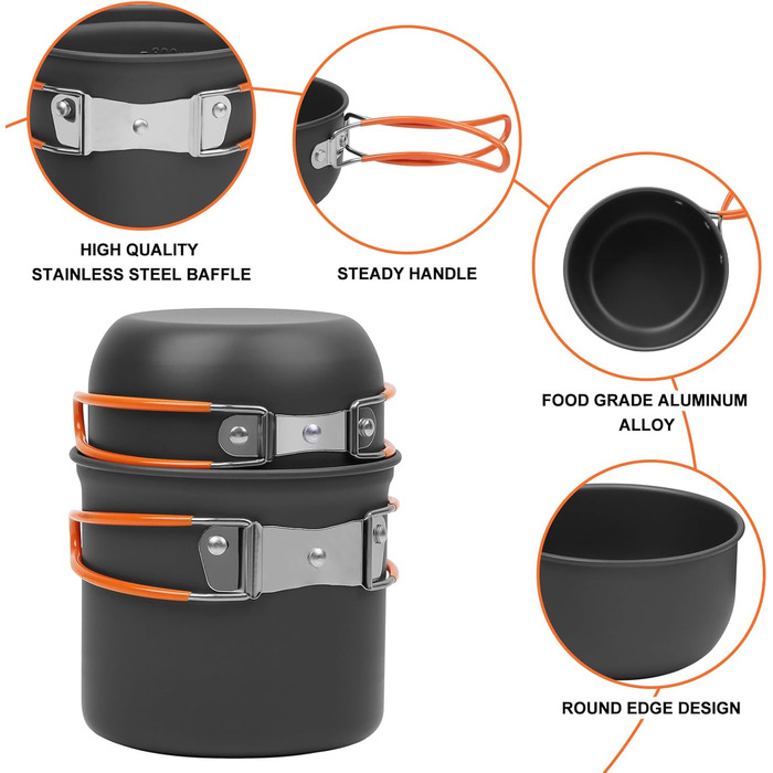 Набір посуду для кемпінгу Biliple 8-piece: каструля, сковорідка, газовa плитка, столові прибори для 1-2 осіб. Ідеально для пікніків, походів та кемпінгу.