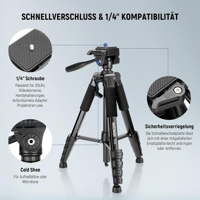 Штатив для камери та смартфона NEEWER Basics (TP55), легкий алюмінієвий туристичний трипод 188 см з 3-позиційною нахильною головкою