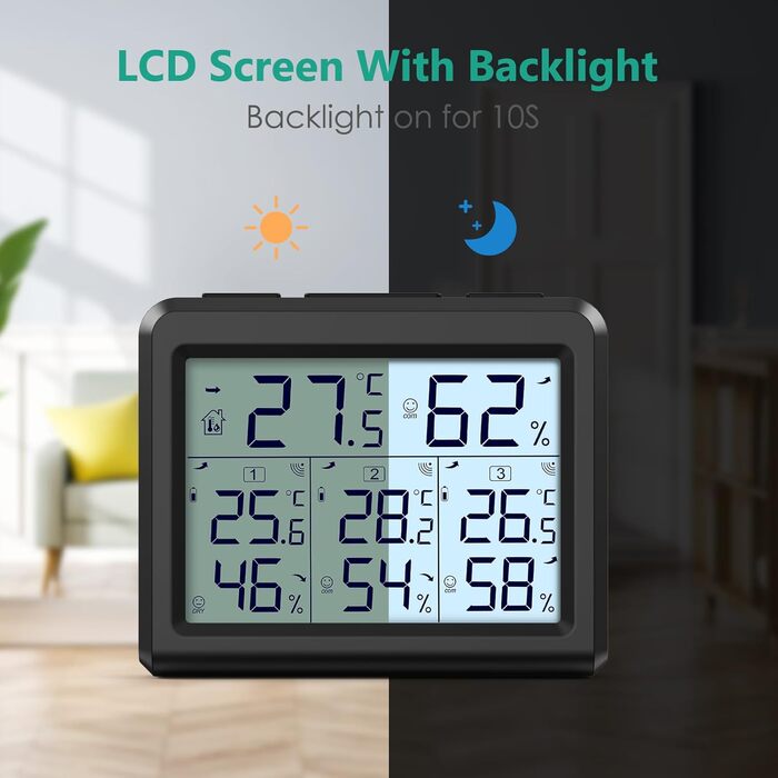 ORIA Digital Thermometer, Indoor/Outdoor Thermometer with 3 Outdoor Sensors, Backlight & Large LCD Display, Min/Max Records, ℃/℉ Switch, Ideal for Office, Home (Black)